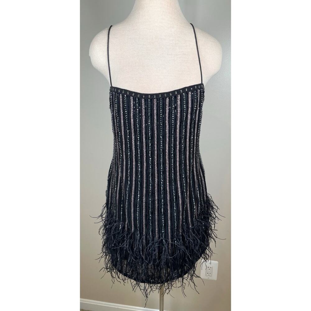 Retrofete Black and Silver Rubina Sequin Feather Hem Mini Dress Size Medium - Picture 4 of 12